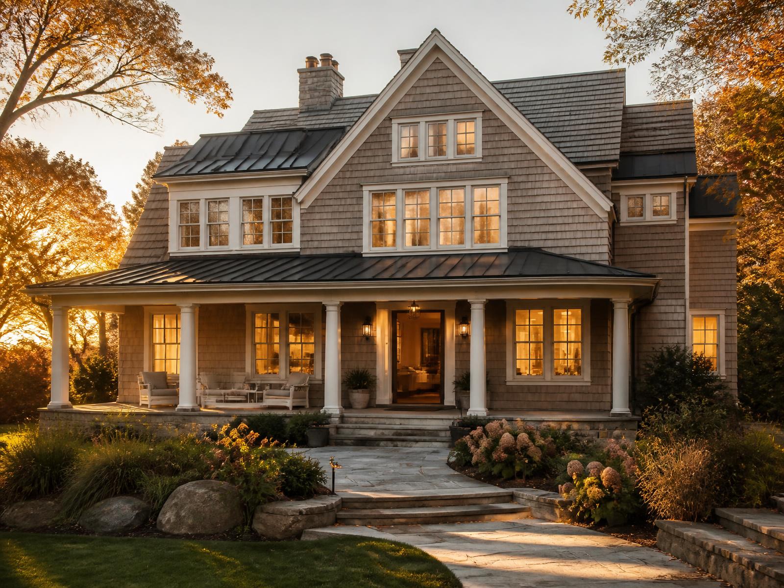 Shingle-style New England home with charcoal standing seam metal porch and dormer roofs