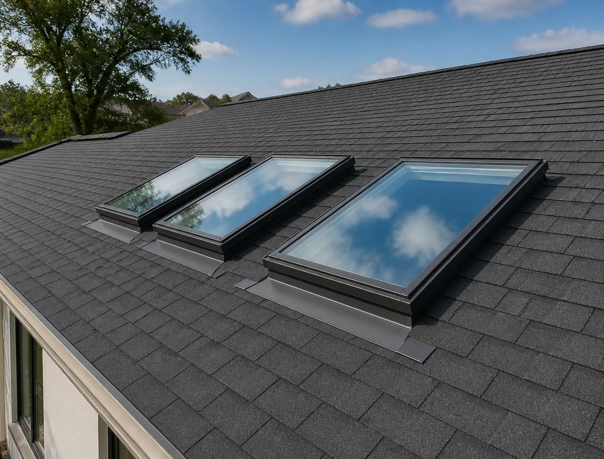 Skylight installed and flashed into a shingle roof